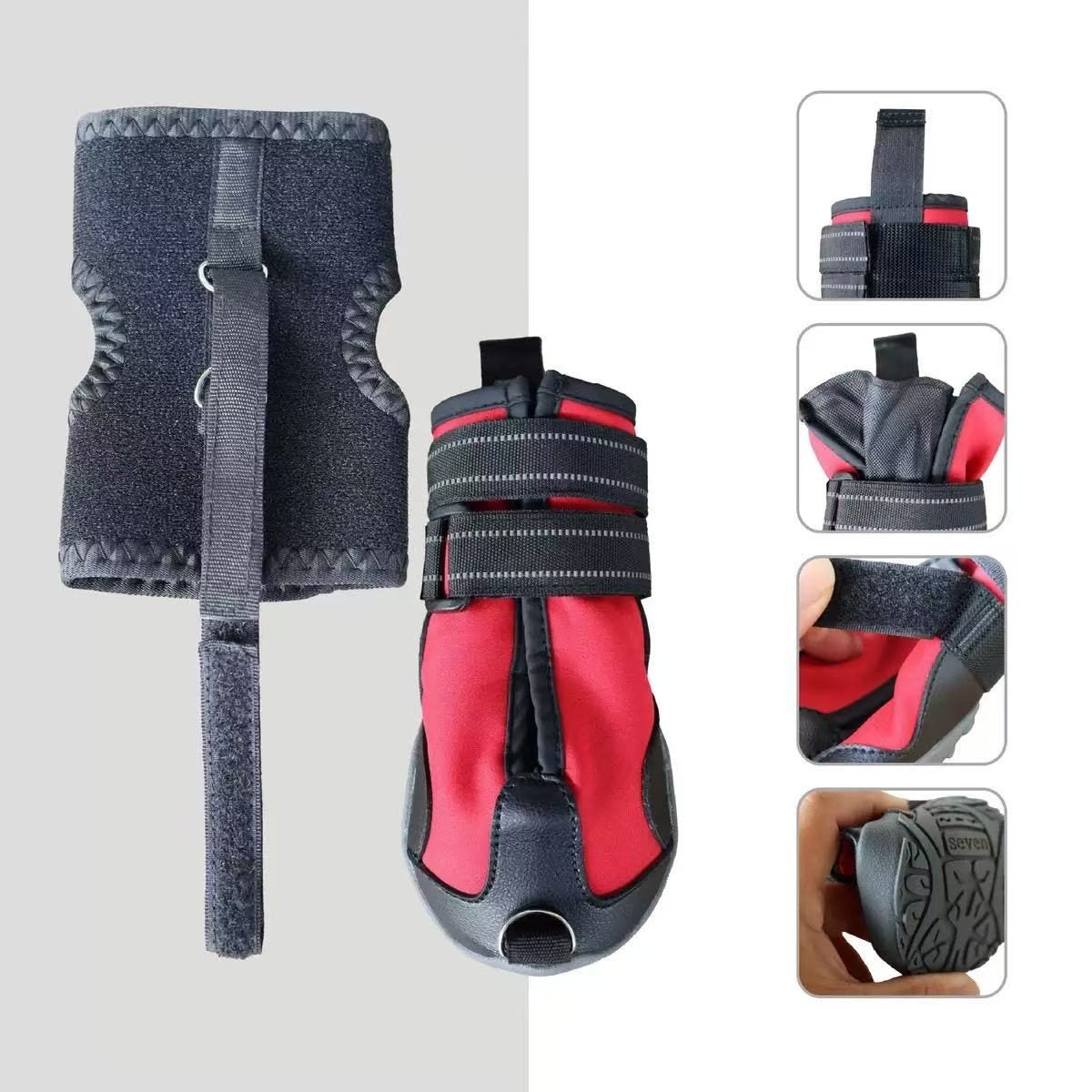 Black and red ankle support brace boot with additional images showing its features.