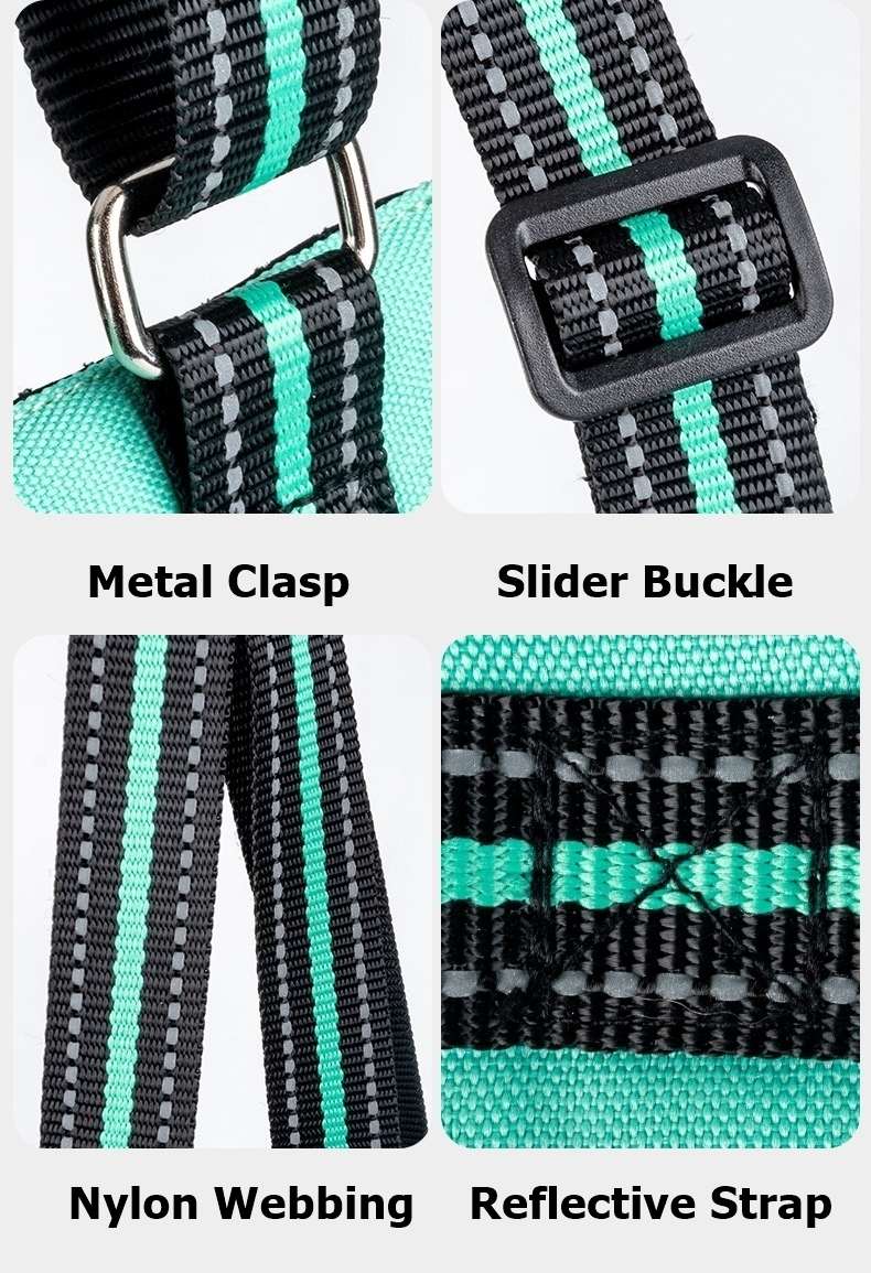 close-up the details of the Dog Lift Harness Sling for hind legs, including metal clasp, slider buckle, Nylon webbing and reflective strap