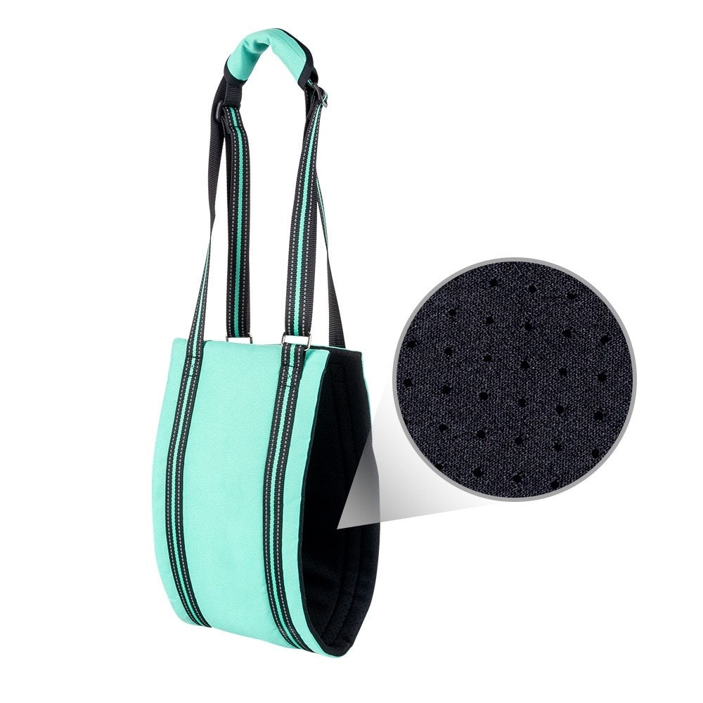 Dog Lift Harness Sling for hind legs in turquoise color and close-up the neoprene fabric