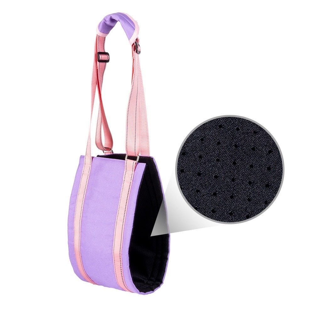 Dog Lift Harness Sling for hind legs in purple color and close-up the neoprene fabric
