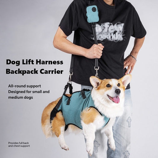 a dog wearing Dog Lift Harness and Backpack Carrier comfortably, carried by owner