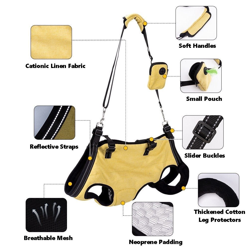 breakdown illustration for Dog Lift Harness and Backpack Carrier comfortably, showcasing its key features and details