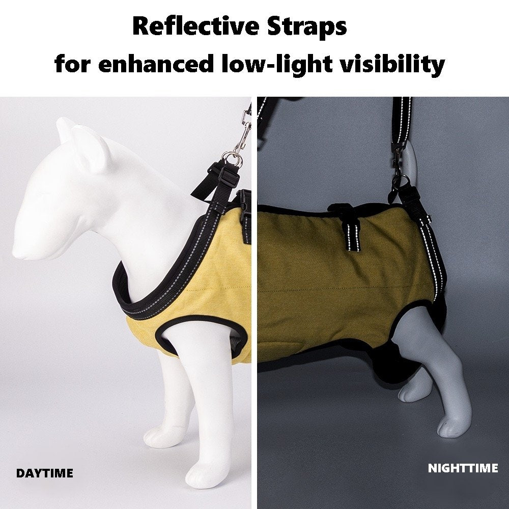image displaying the reflective straps of Dog Lift Harness and Backpack Carrier in daytime and nighttime, showcasing its feature of enhanced low-light visibility