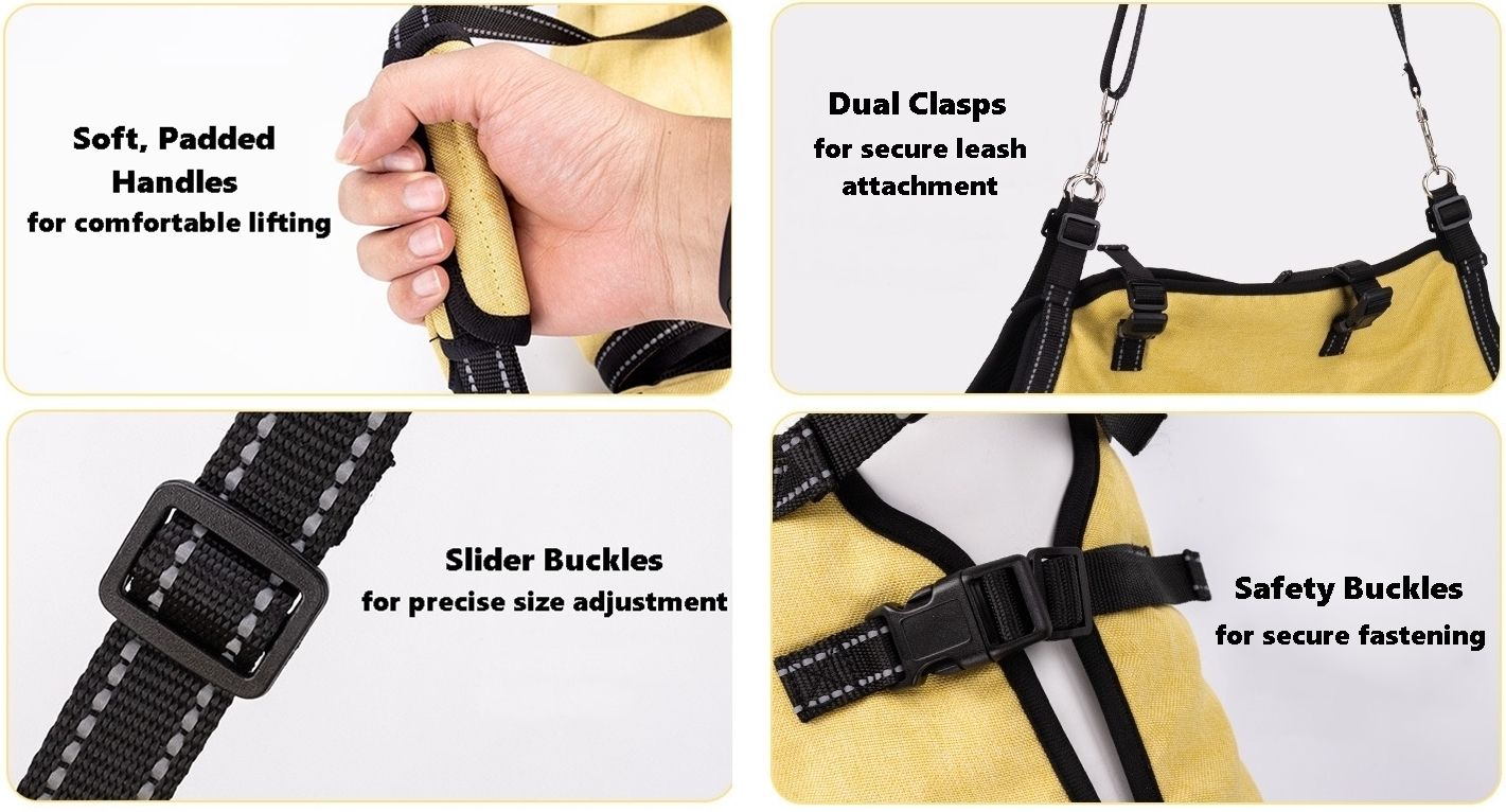 close-up the product features Dog Lift Harness and Backpack Carrier, including soft padded handles, dual clasps, slider buckles, safety buckles