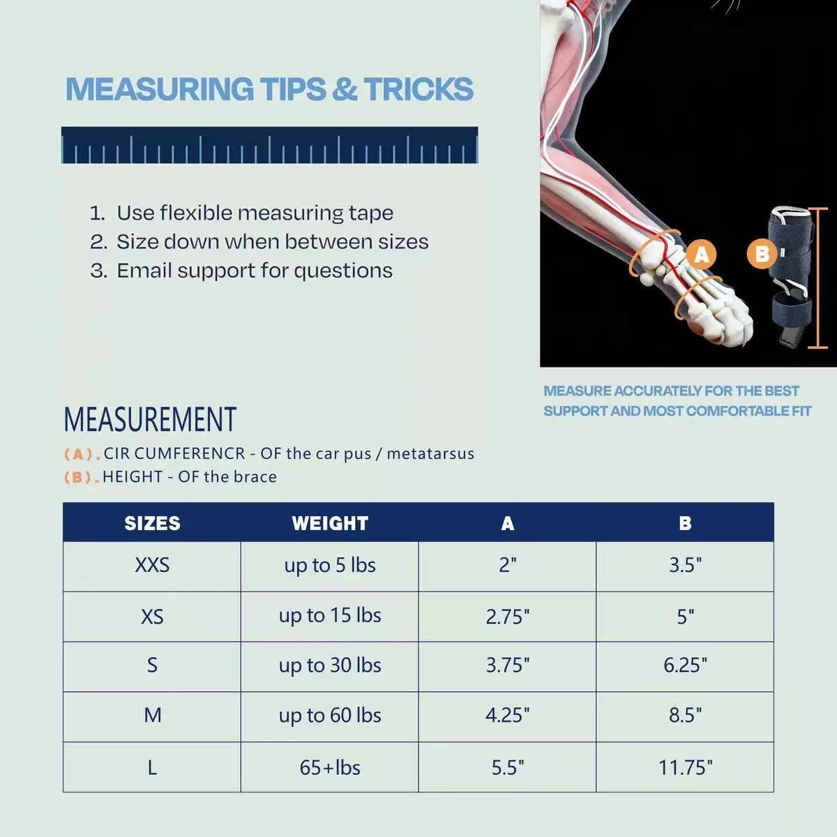 Measurement guide for a brace with a diagram of a foot and instructions on measuring.