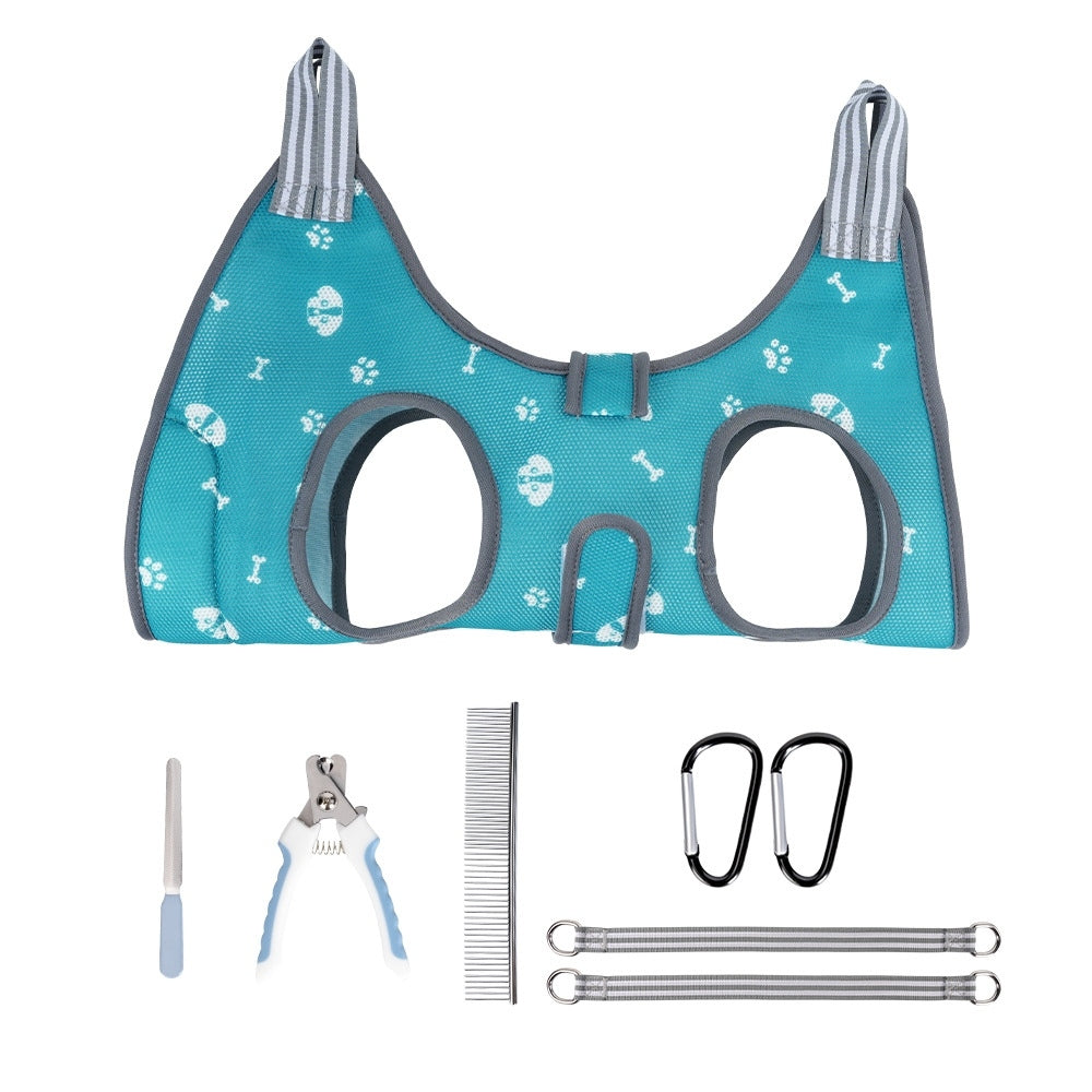 Pet Grooming Hammock Harness with tools on a white background
