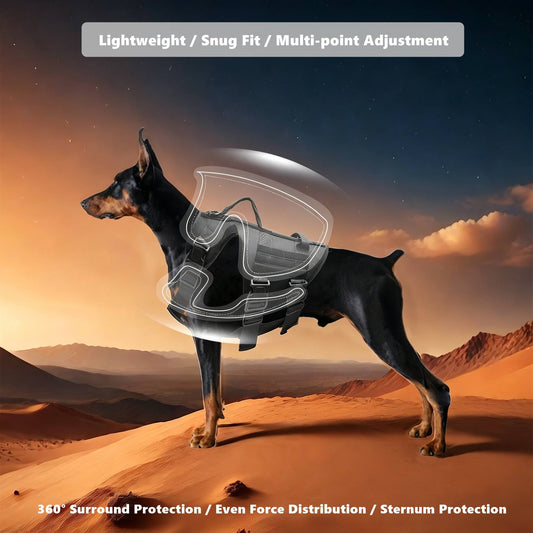 Dog wearing a harness with desert landscape background