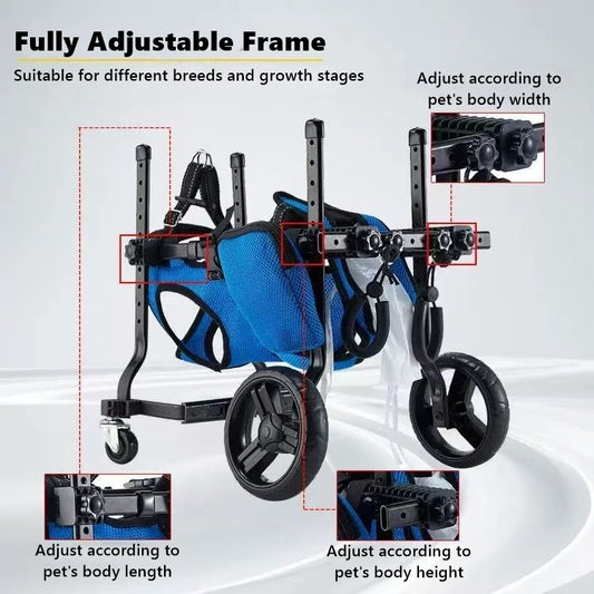 Pet wheelchair with adjustable frame features