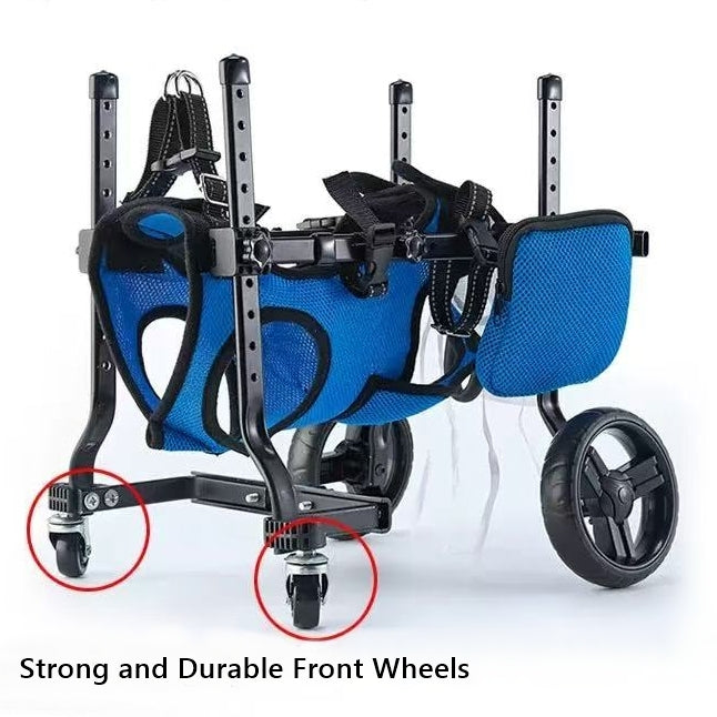 Blue pet wheelchair with black straps and wheels , highlighting strong front wheels.
