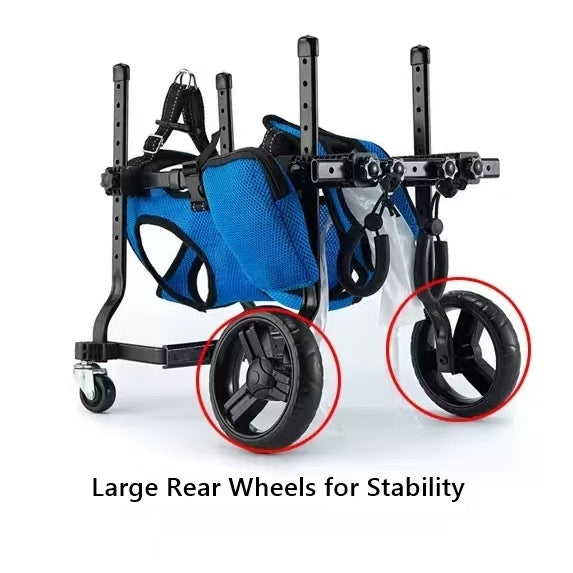 Blue pet wheelchair with large rear wheels on a white background