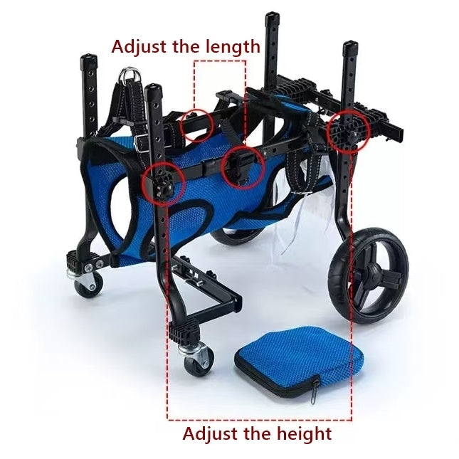 Blue and black adjustable wheelchair with height and length adjustment features
