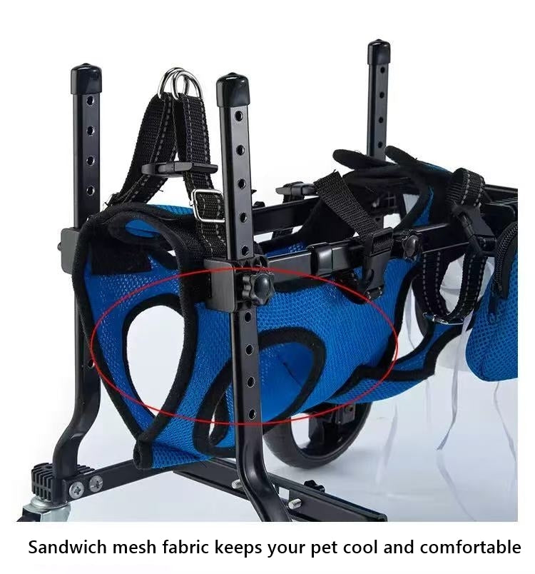 Blue pet wheelchair with black metal frame on a white background