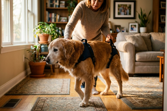 an elderly golden retriever with weak hind legs standing gently on non-slip floor, owner softly supporting the dog's hindquarters with a mobility harness