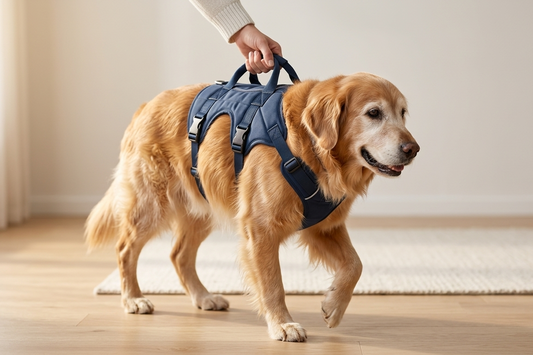 aging senior dog regaining ability to walk with mobility support aids
