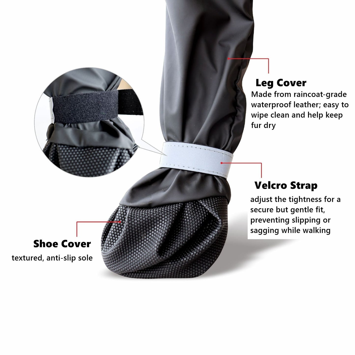 black dog shoe cover with leg cover and velcro strap on a white background