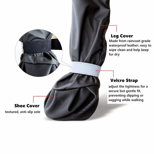black dog shoe cover with leg cover and velcro strap on a white background