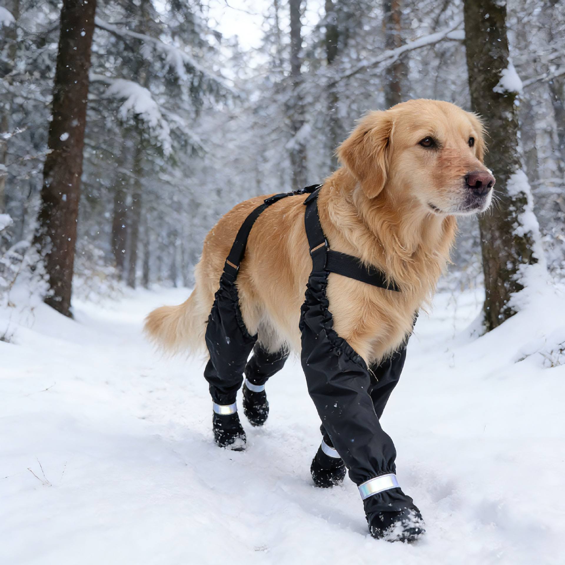 Dog wearing black protective gear in a snowy forest