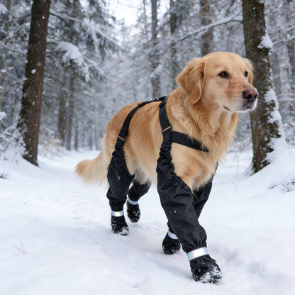 Dog wearing black protective gear in a snowy forest