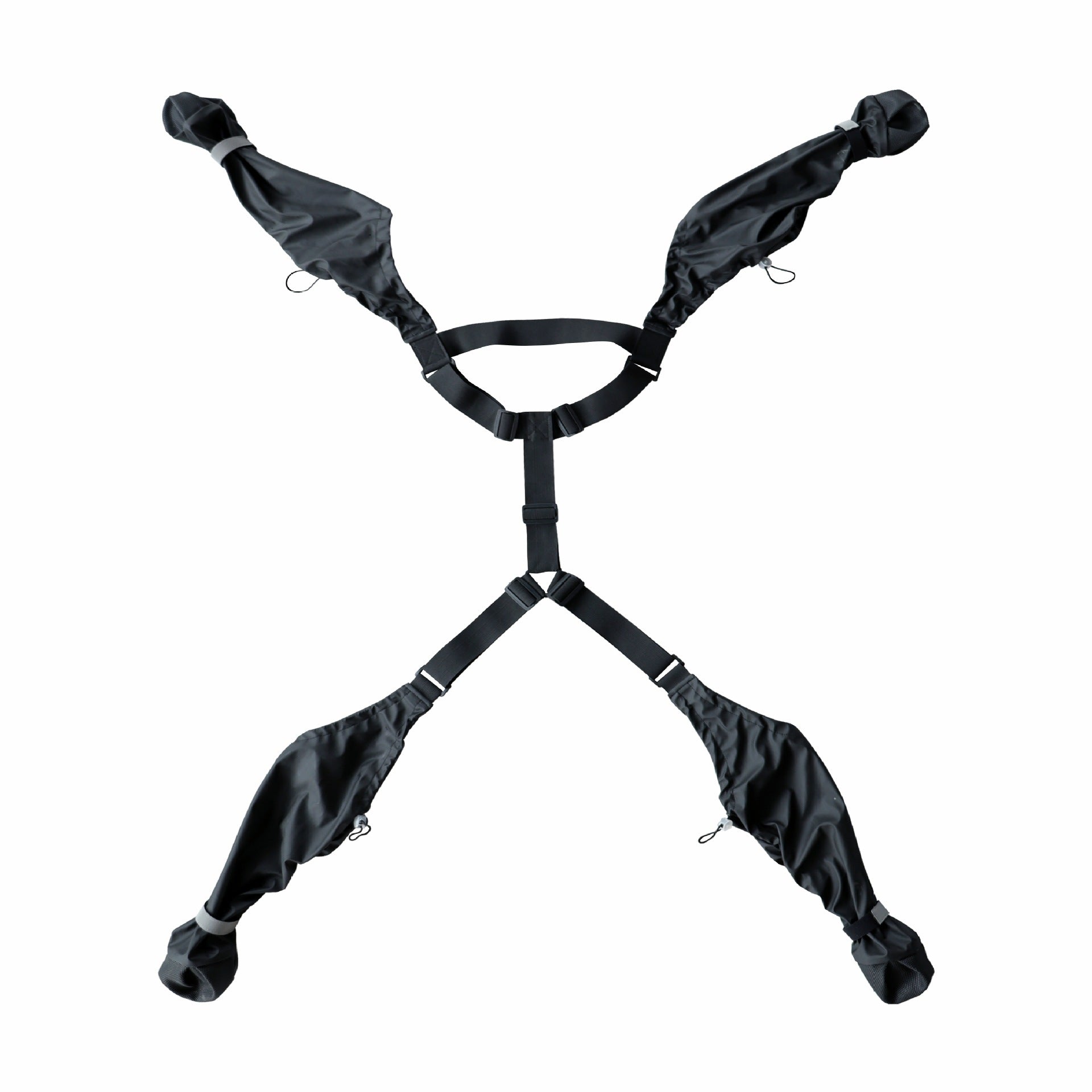 Black suspender dog boots harness with multiple straps on a white background