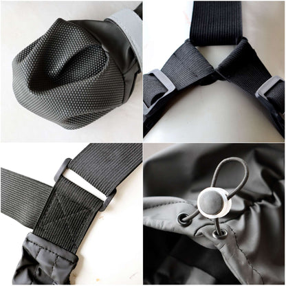 Collage of a gray suspender dog boots with a buckle and a circular component on a white background