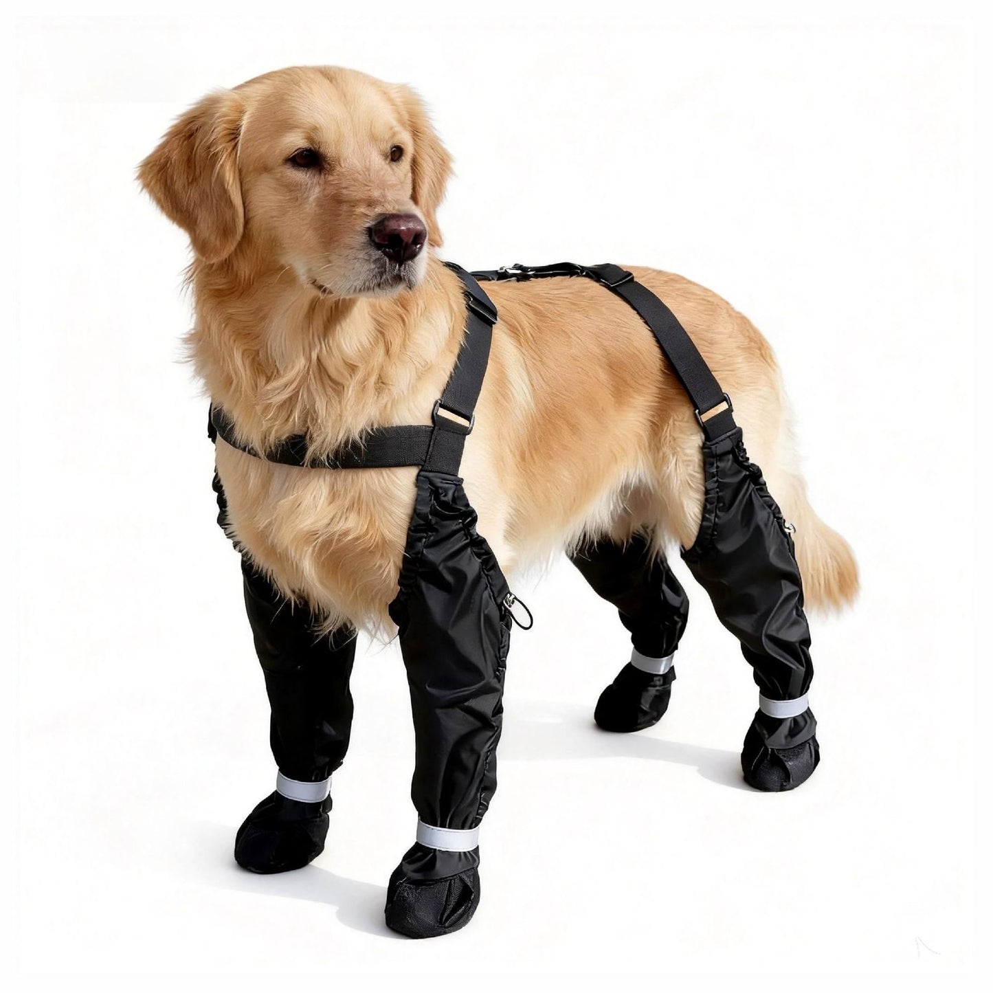 Dog wearing black suspender dog boots on a white background