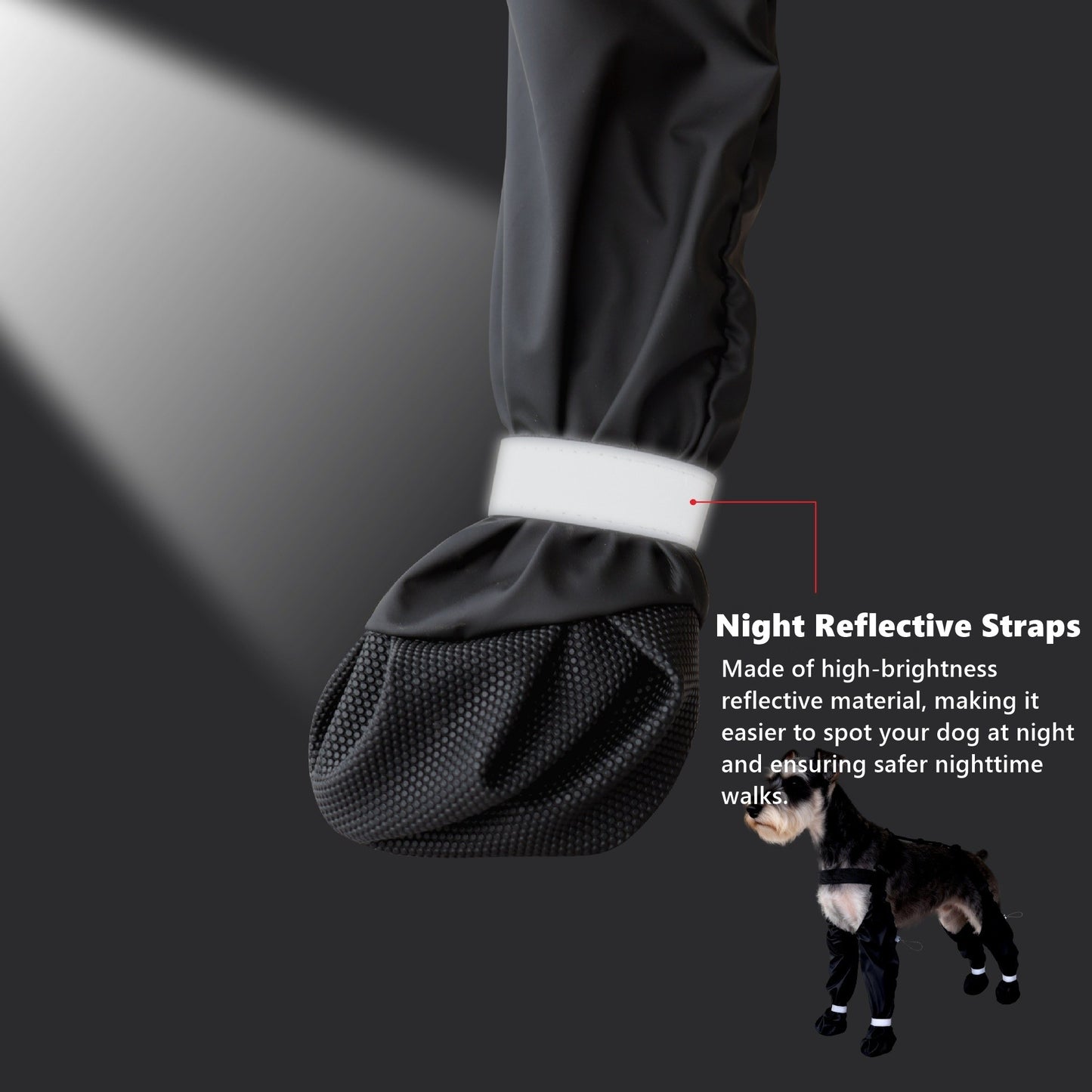 Black dog boot with night reflective strap on a dark background, featuring text about reflective material.