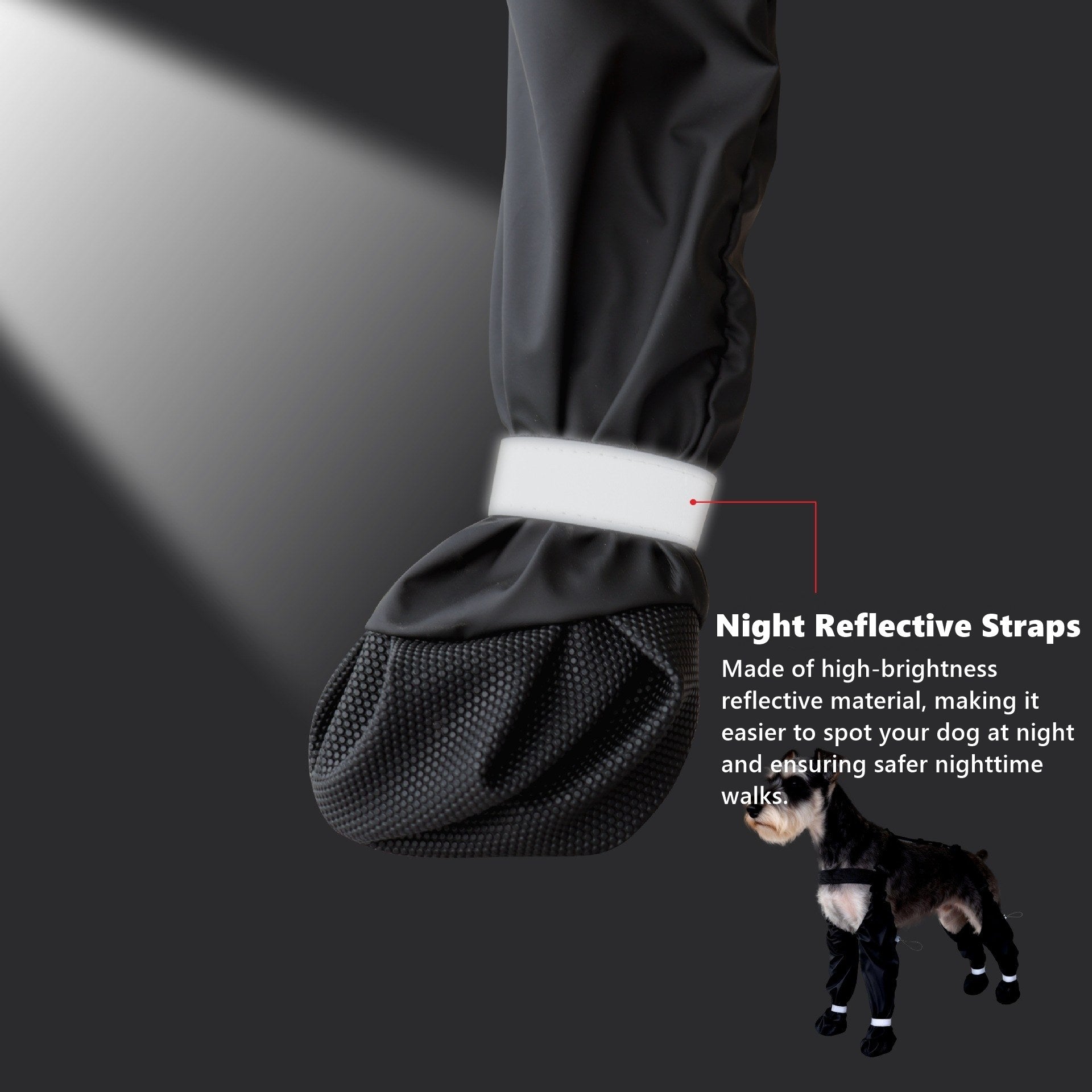 Black dog boot with night reflective strap on a dark background, featuring text about reflective material.