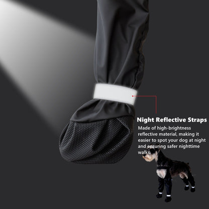 Black dog boot with night reflective strap on a dark background, featuring text about reflective material.