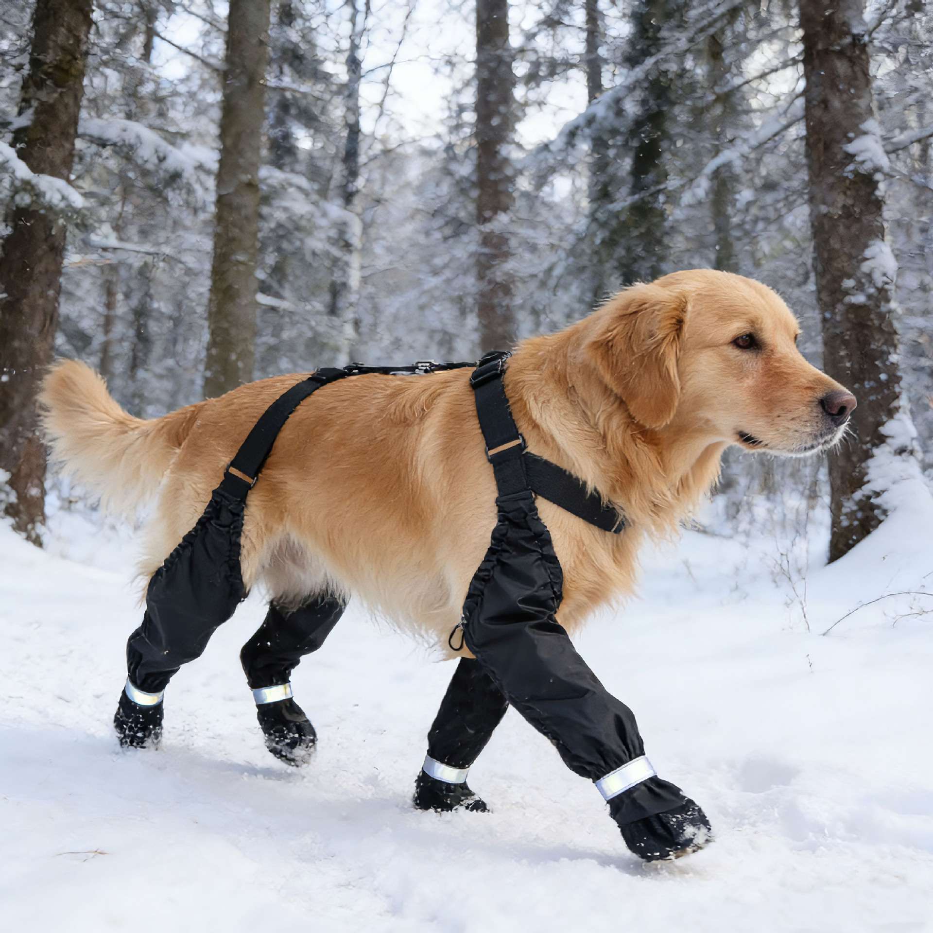 Dog wearing black winter boots in a snowy forest