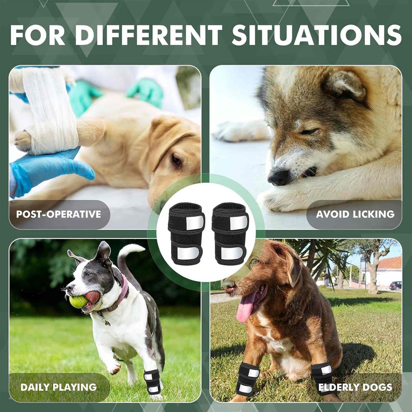 image showing various scenario that dogs wearing Dog Splint Front Leg Support brace