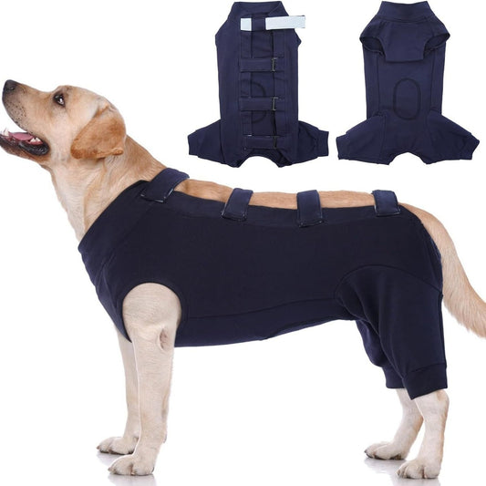 Dog wearing a navy blue pet Recovery Suit with additional views of the suit on a white background.