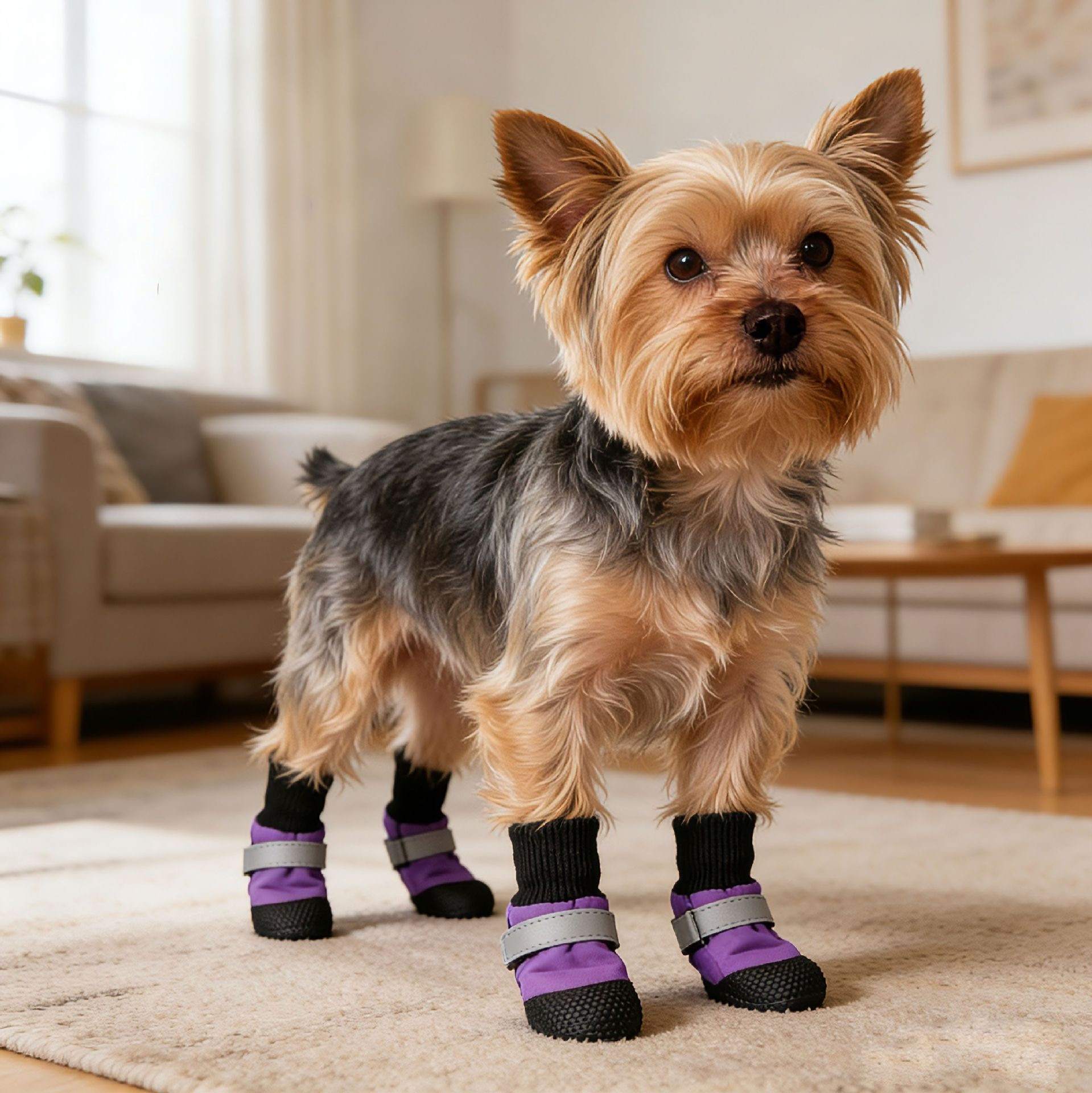 Small dog wearing purple boots in a living room