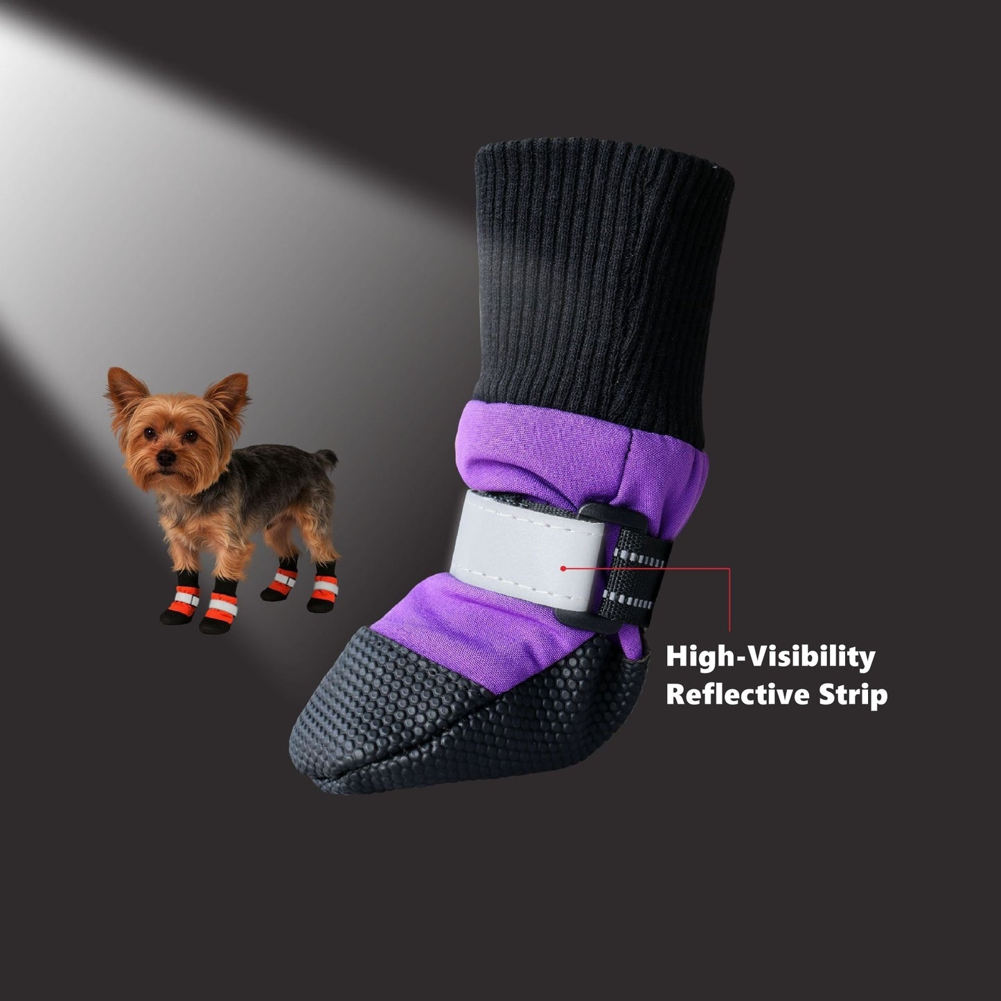 Dog boot with purple accents and high-visibility reflective strip, next to a small dog.