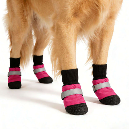 Dog wearing pink and black booties with gray straps on a white background