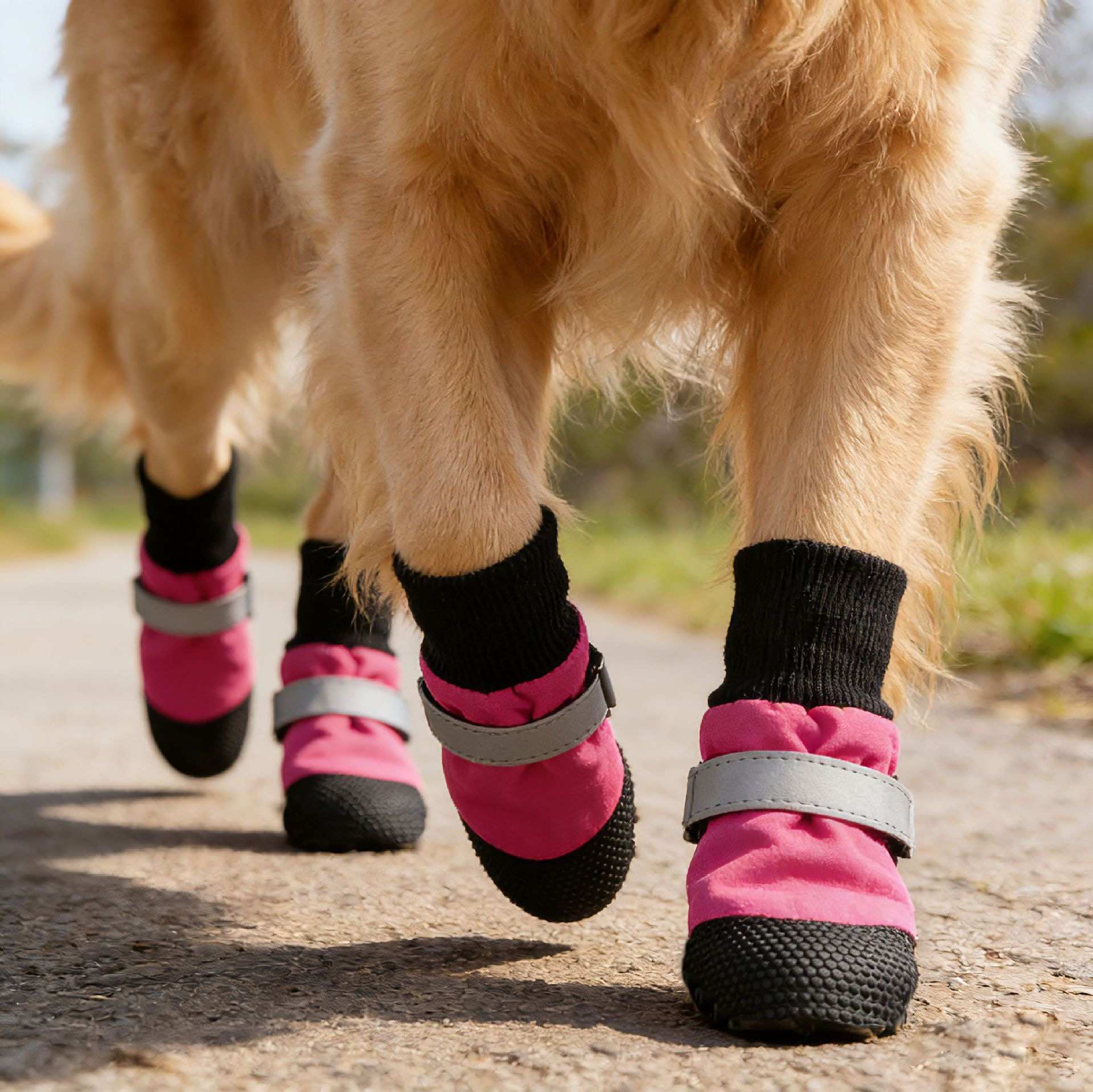 Dog wearing pink boots with black socks on a road