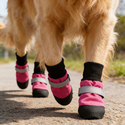 Dog wearing pink boots with black socks on a road