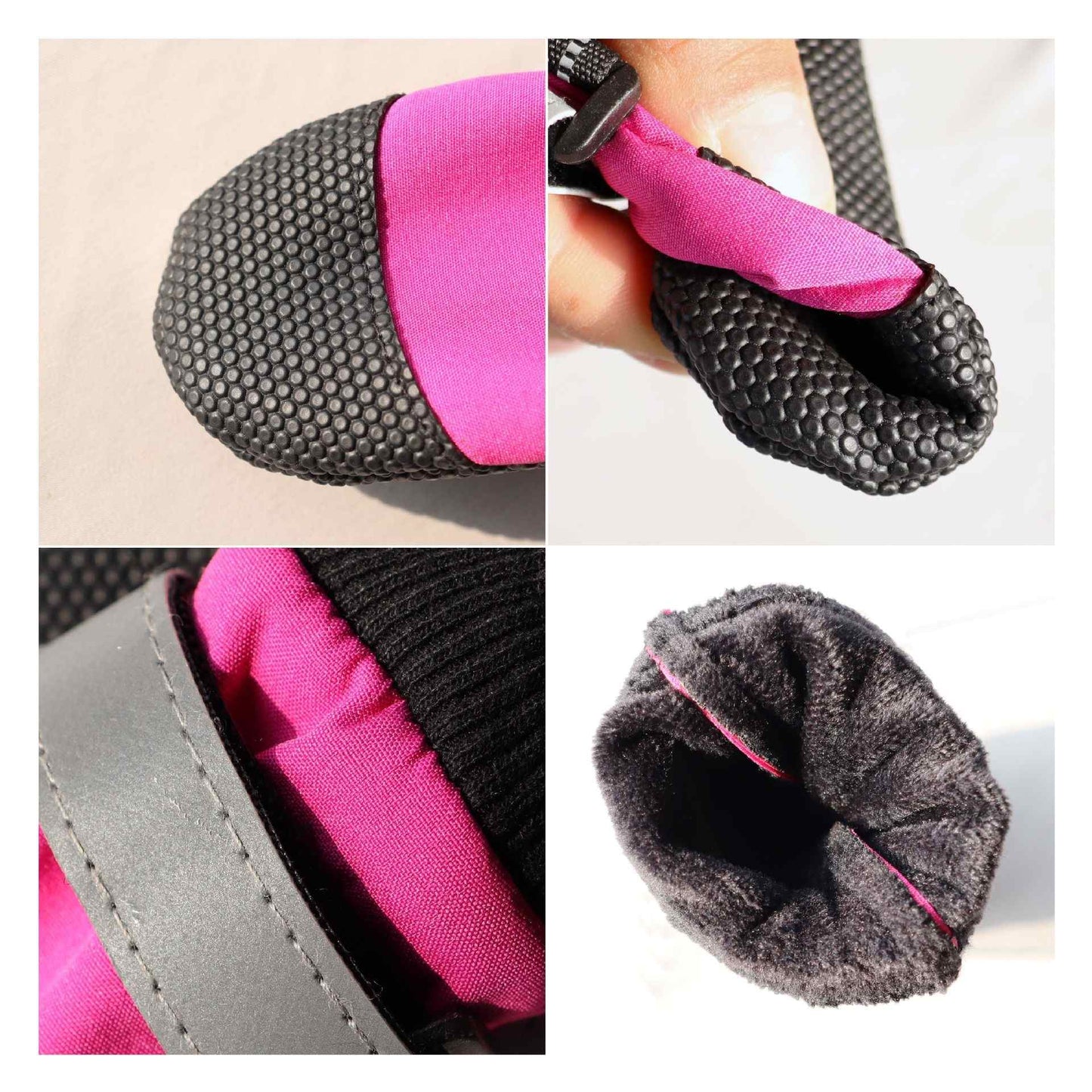 Collage of pink and gray pet booties with textured soles.
