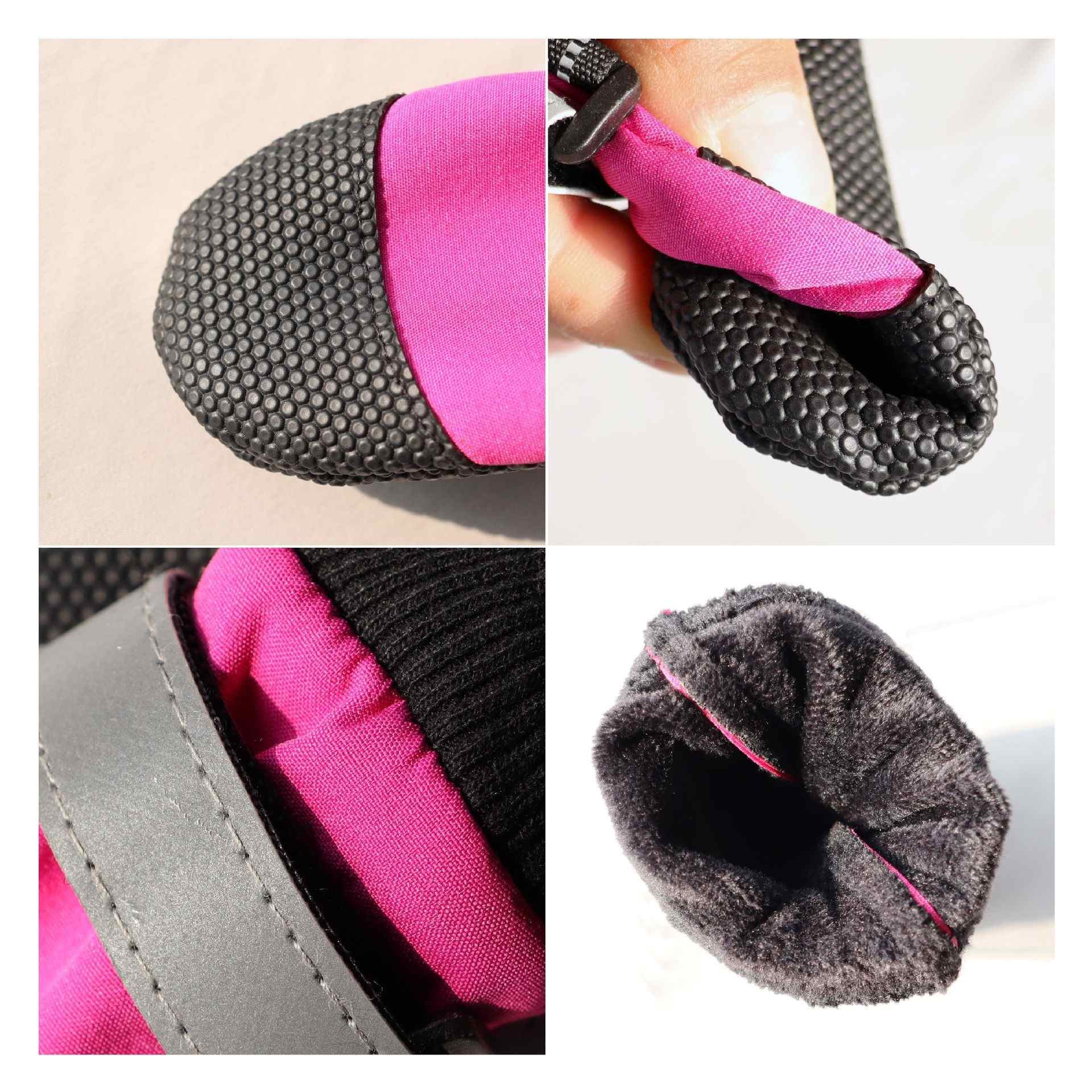 Collage of pink and gray pet booties with textured soles.