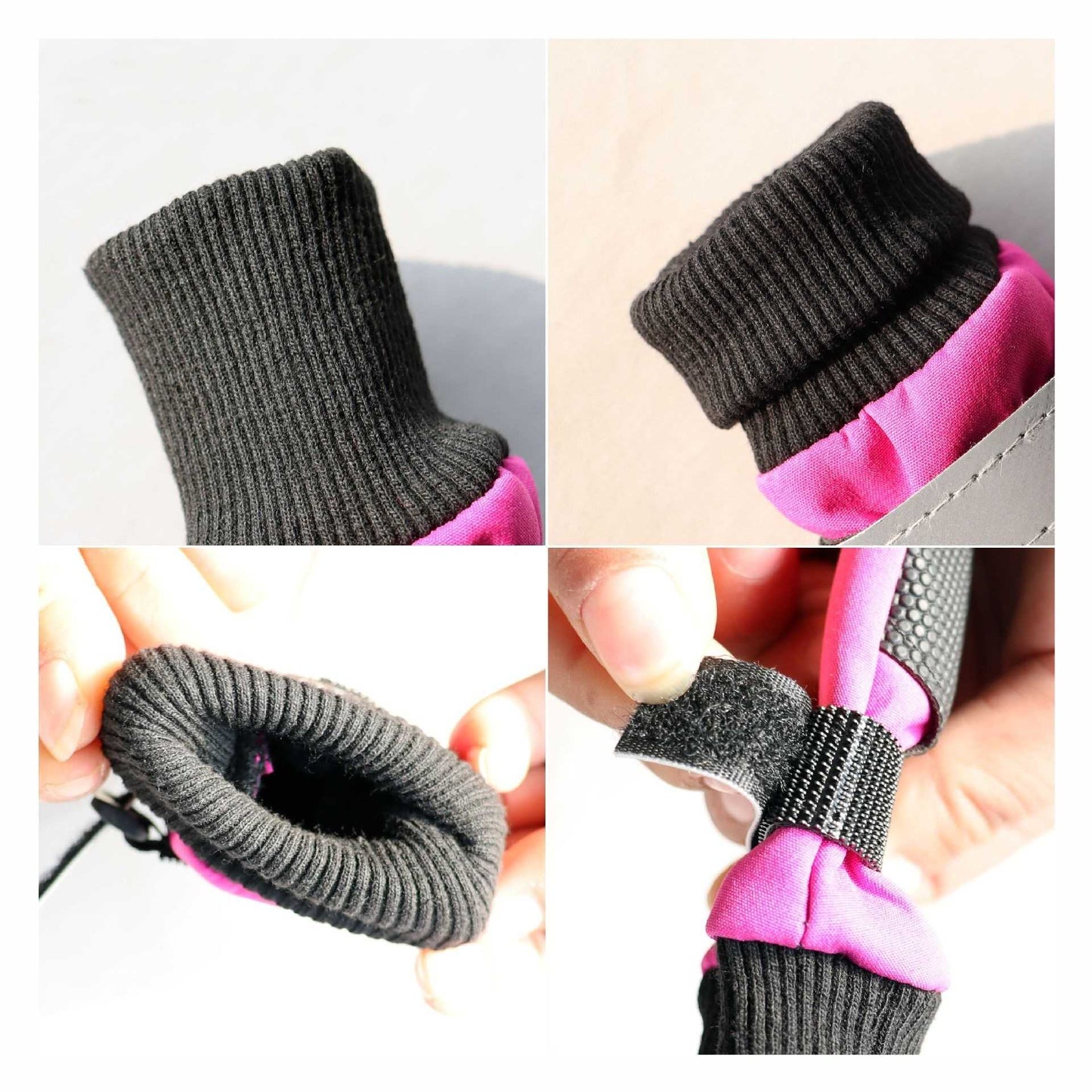 Collage of a gray knitted Elastic Cuff Fabric being attached to a pink pet boot