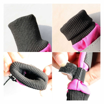 Collage of a gray knitted Elastic Cuff Fabric being attached to a pink pet boot