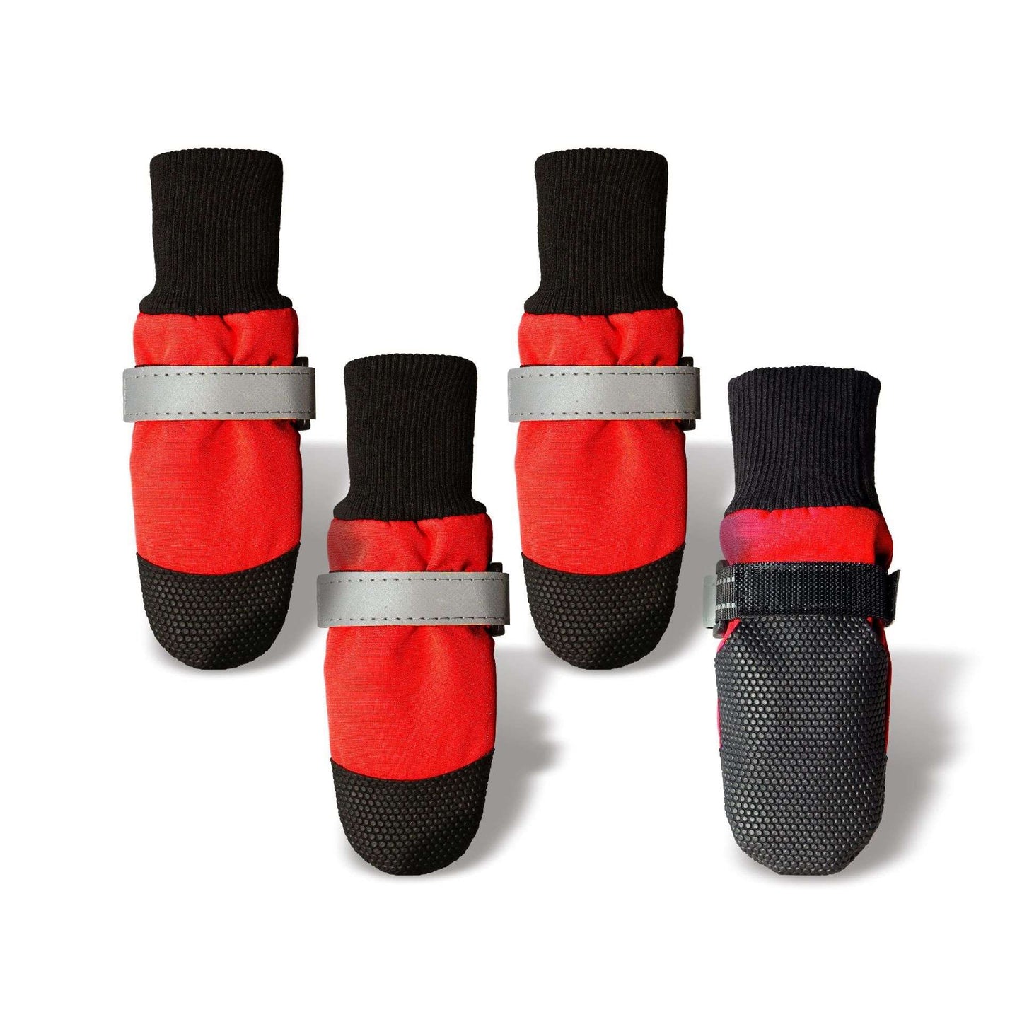 Four red and black dog boots with reflective straps on a white background
