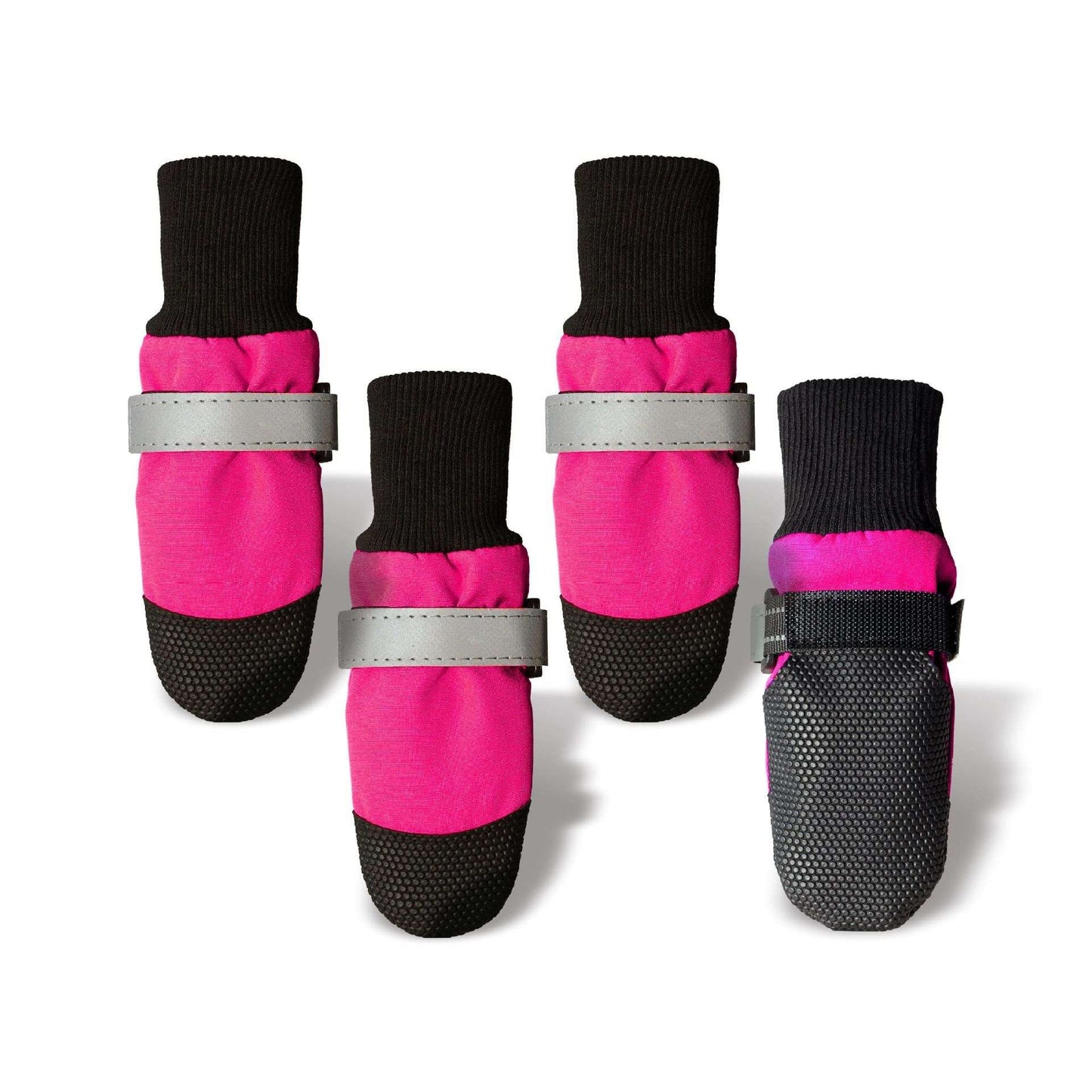 Set of four pink and black dog boots with reflective straps on a white background