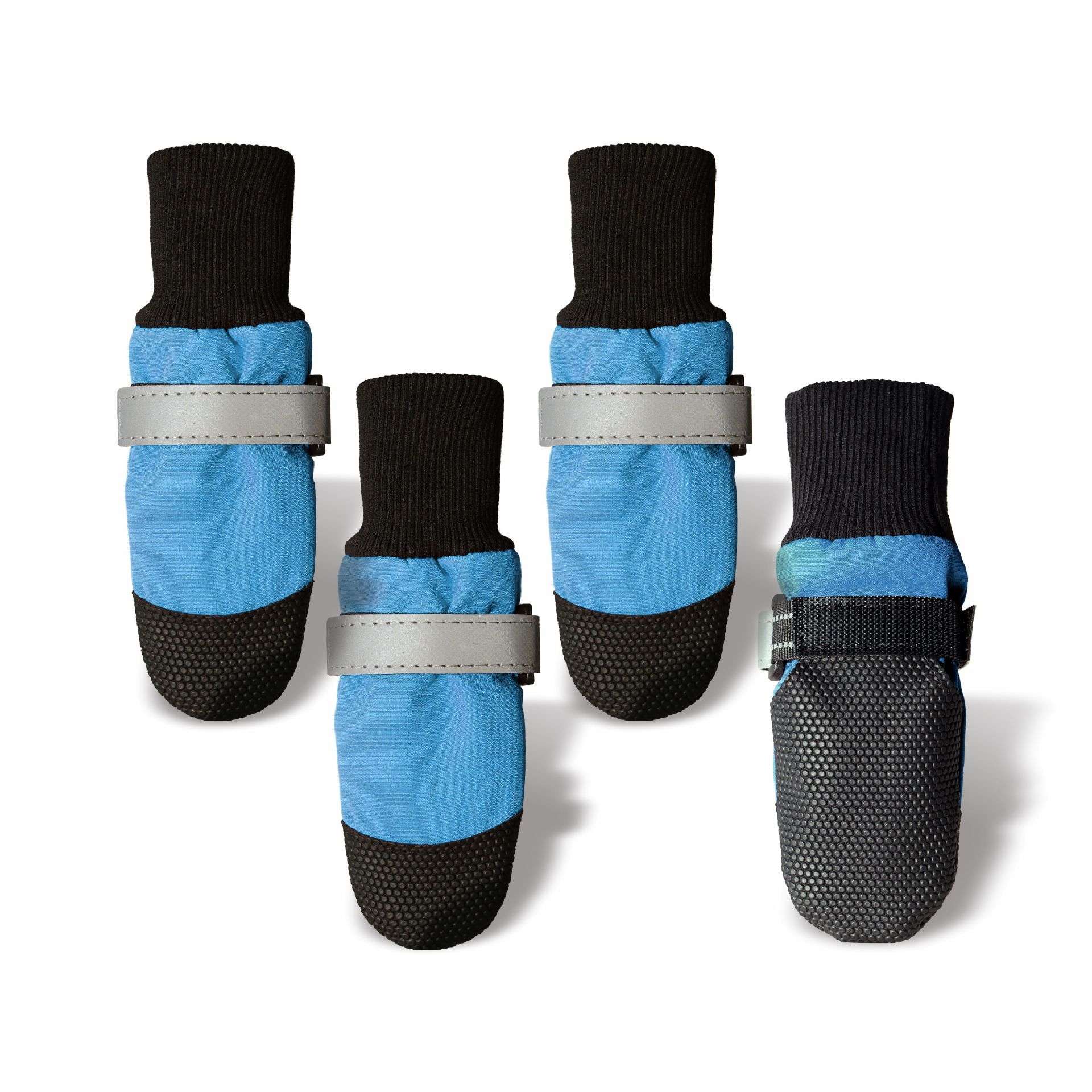 Set of blue and black pet boots with gray straps on a white background