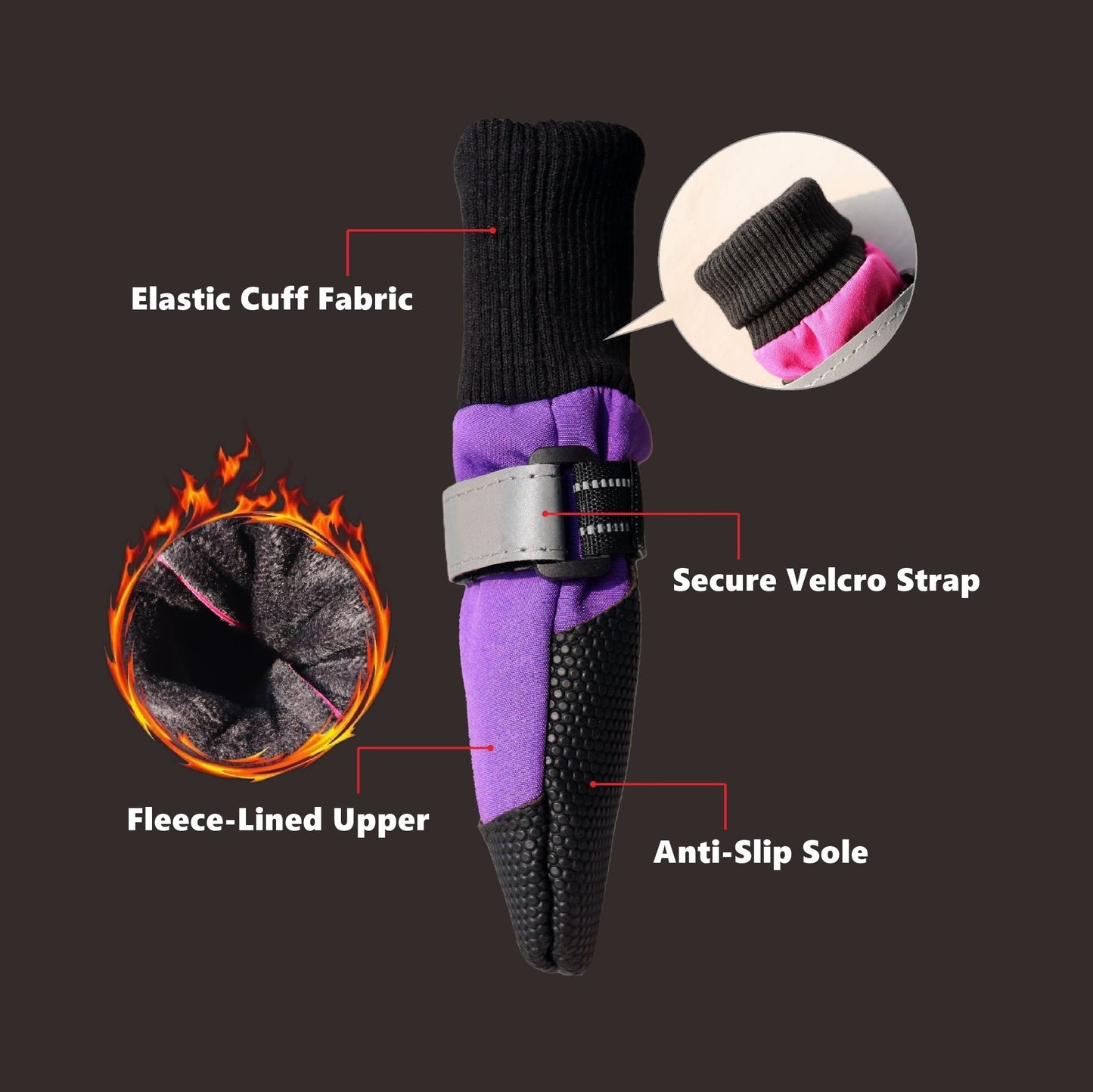 Dog paw protector with features highlighted on a dark background