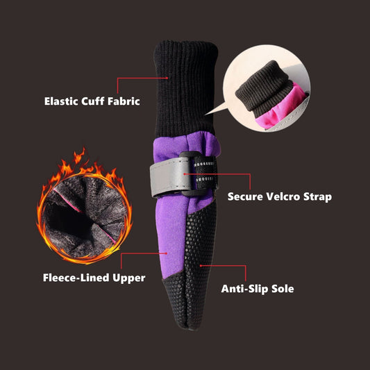 Dog paw protector with features highlighted on a dark background