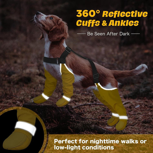 Dog wearing reflective Suspender Dog Boots with text highlighting safety features.