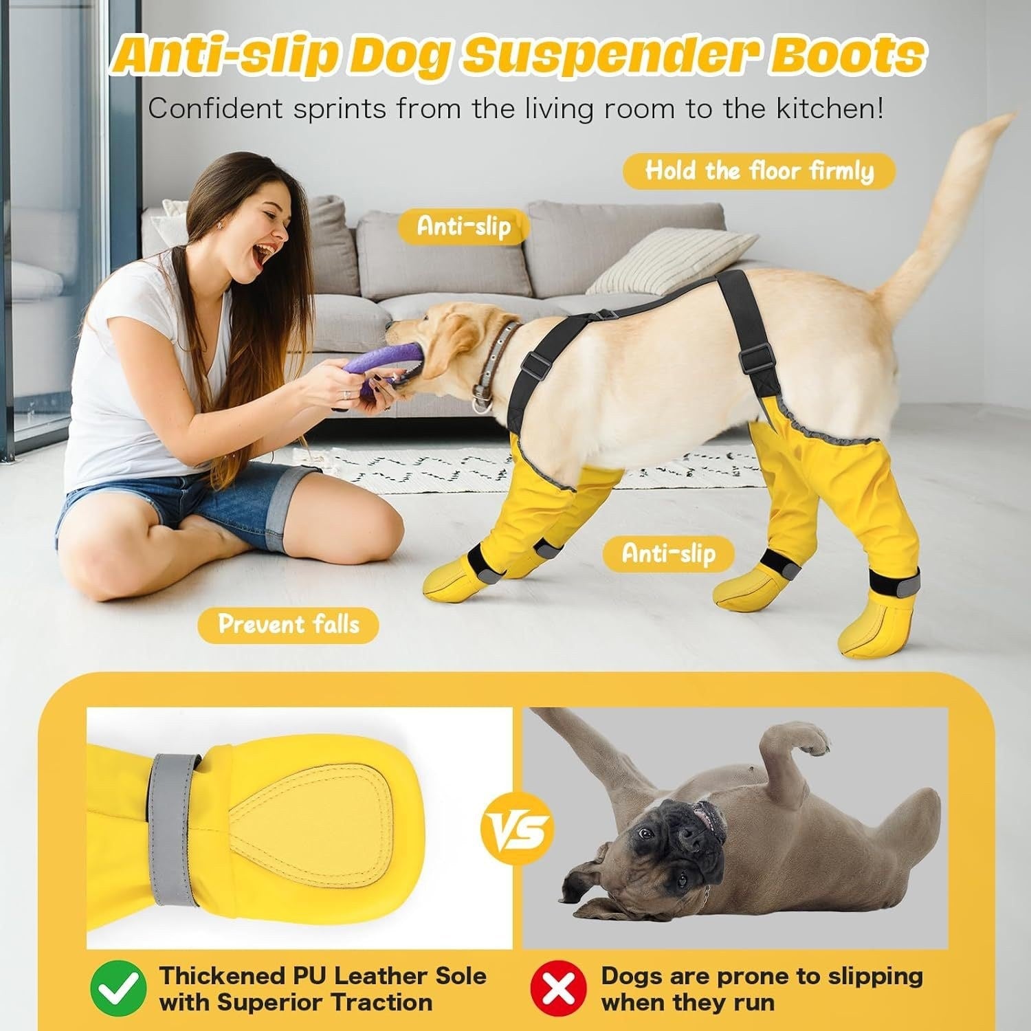 Woman playing with a dog wearing yellow anti-slip dog suspenders in a living room.