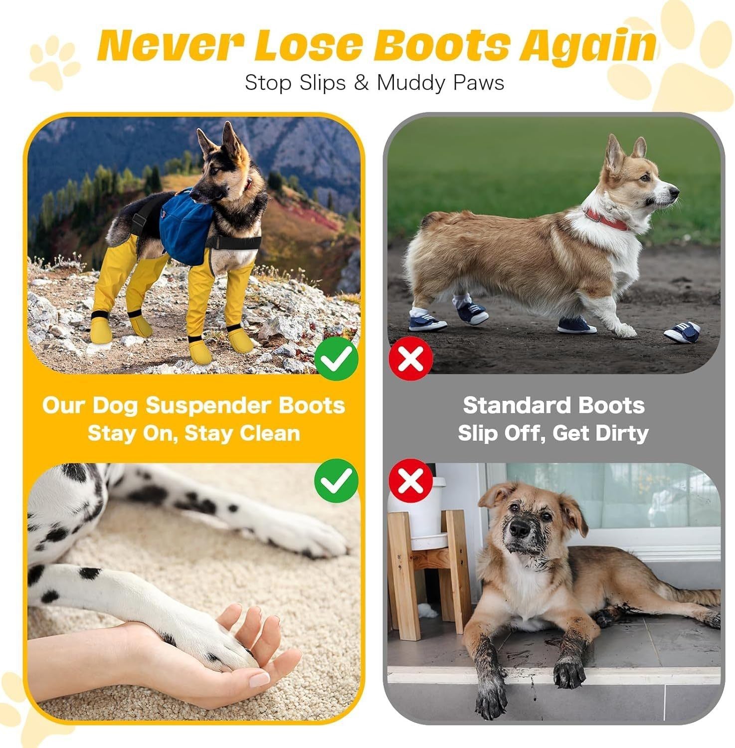 Promotional graphic for dog suspenders with images of dogs wearing boots and text highlighting benefits.