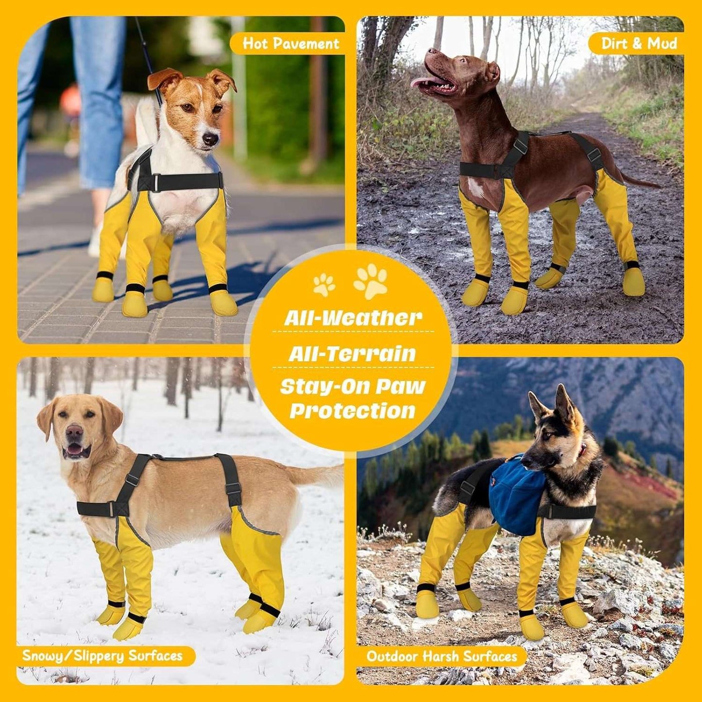 Collage of dogs wearing yellow protective dog boots in various outdoor conditions.