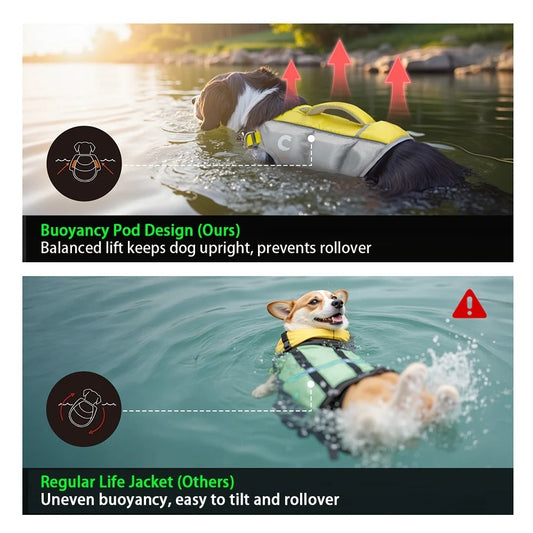 Dog wearing a life jacket with buoyancy pod design in water, comparing it to regular life jackets.